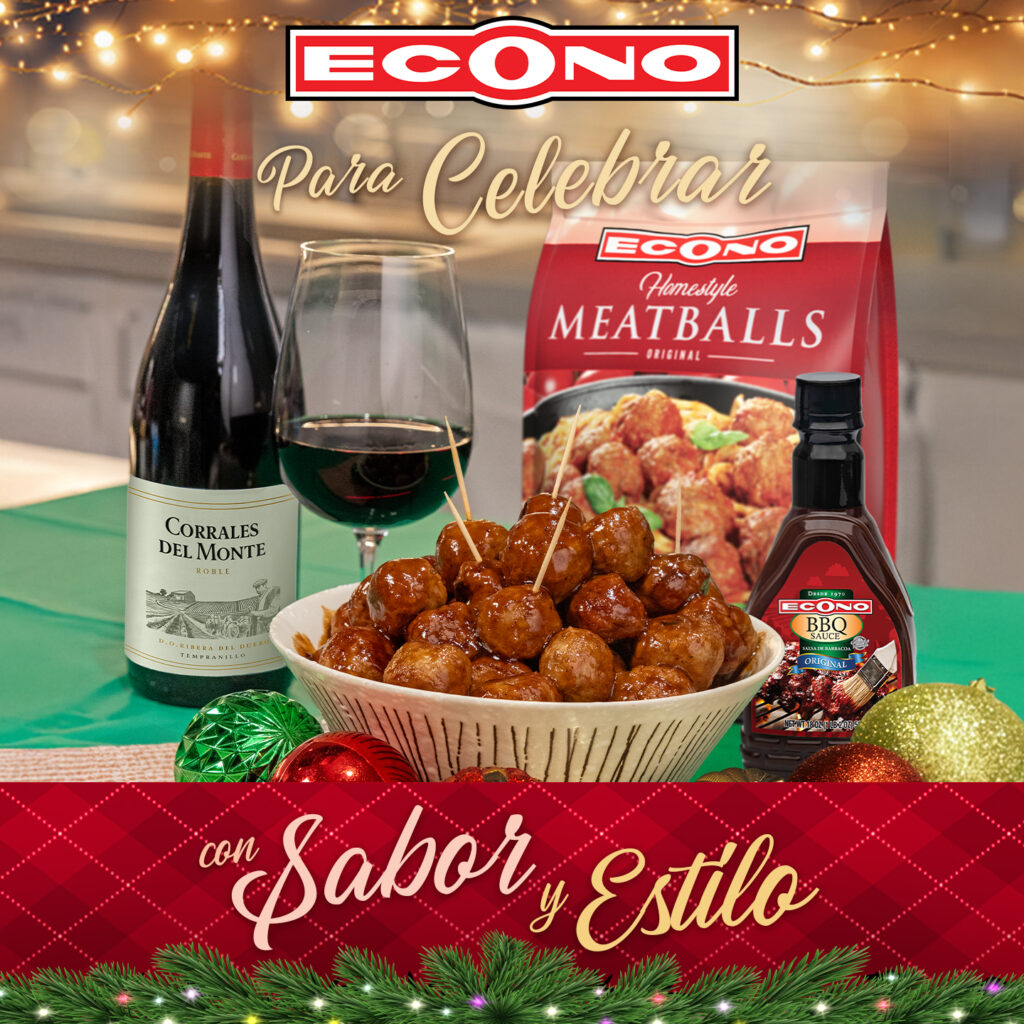 Albóndigas con salsa BBQ y vino tinto presentadas para degustaciones en Supermercados Econo.