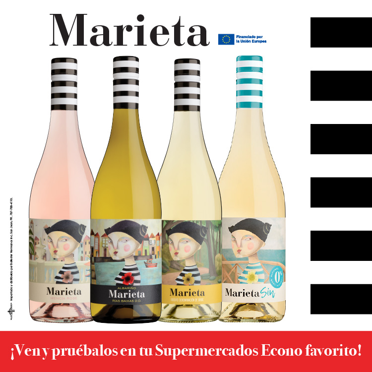 Botellas de vinos Marieta tinto, albariño, godello y versión sin alcohol.
