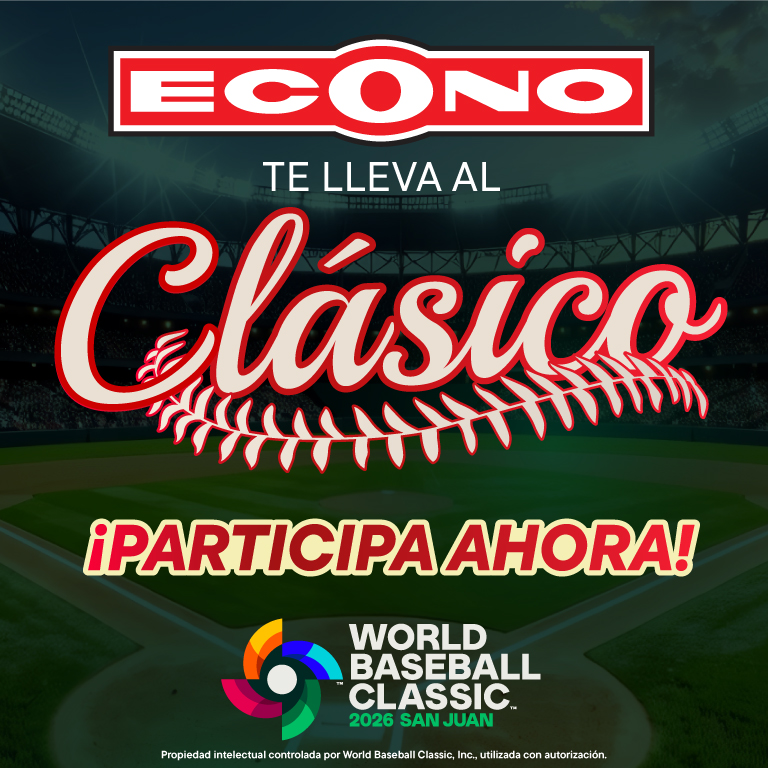 Banner promocional del sorteo “Econo te lleva al Clásico” para el World Baseball Classic 2026 en San Juan