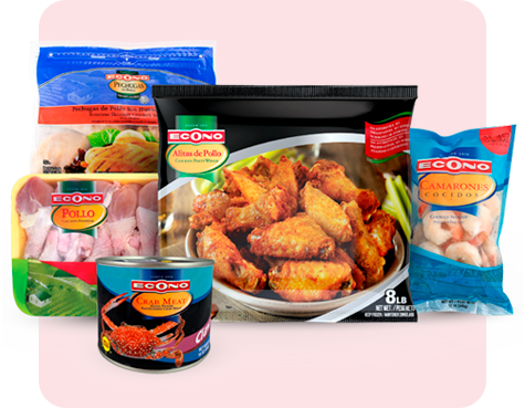 prod_carnes Productos Econo de carnes y mariscos, como pollo, alitas de pollo, camarones, carne de cangrejo.