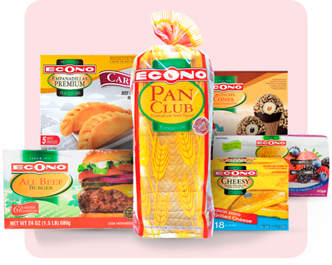 prod_dairy Variedad de productos lácteos y congelados marca Econo, como pan, empanadillas, quesos, frutas.