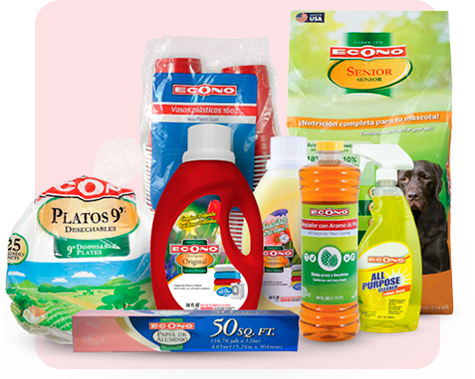 prod_nocomestibles roductos Econo no comestibles, como detergente, vasos y platos desechables, papel de aluminio y artículos para mascotas.
